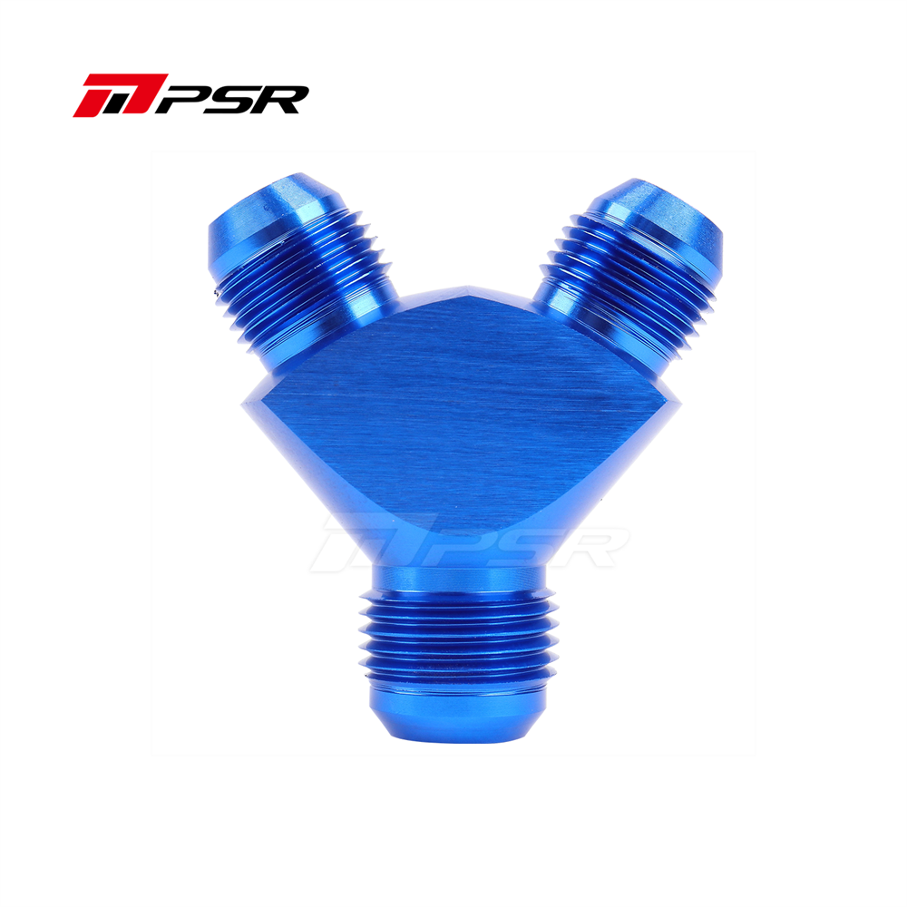 PSR Y‑Block 10AN → 2×8AN Flare Splitter (Blue Aluminium)