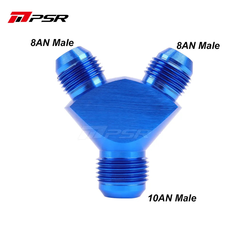 PSR Y‑Block 10AN → 2×8AN Flare Splitter (Blue Aluminium)