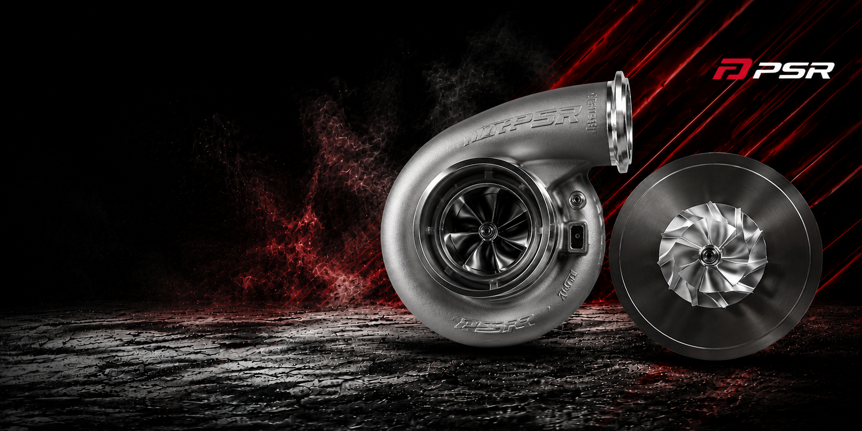 Turbocharger with PSR branding on a dark background