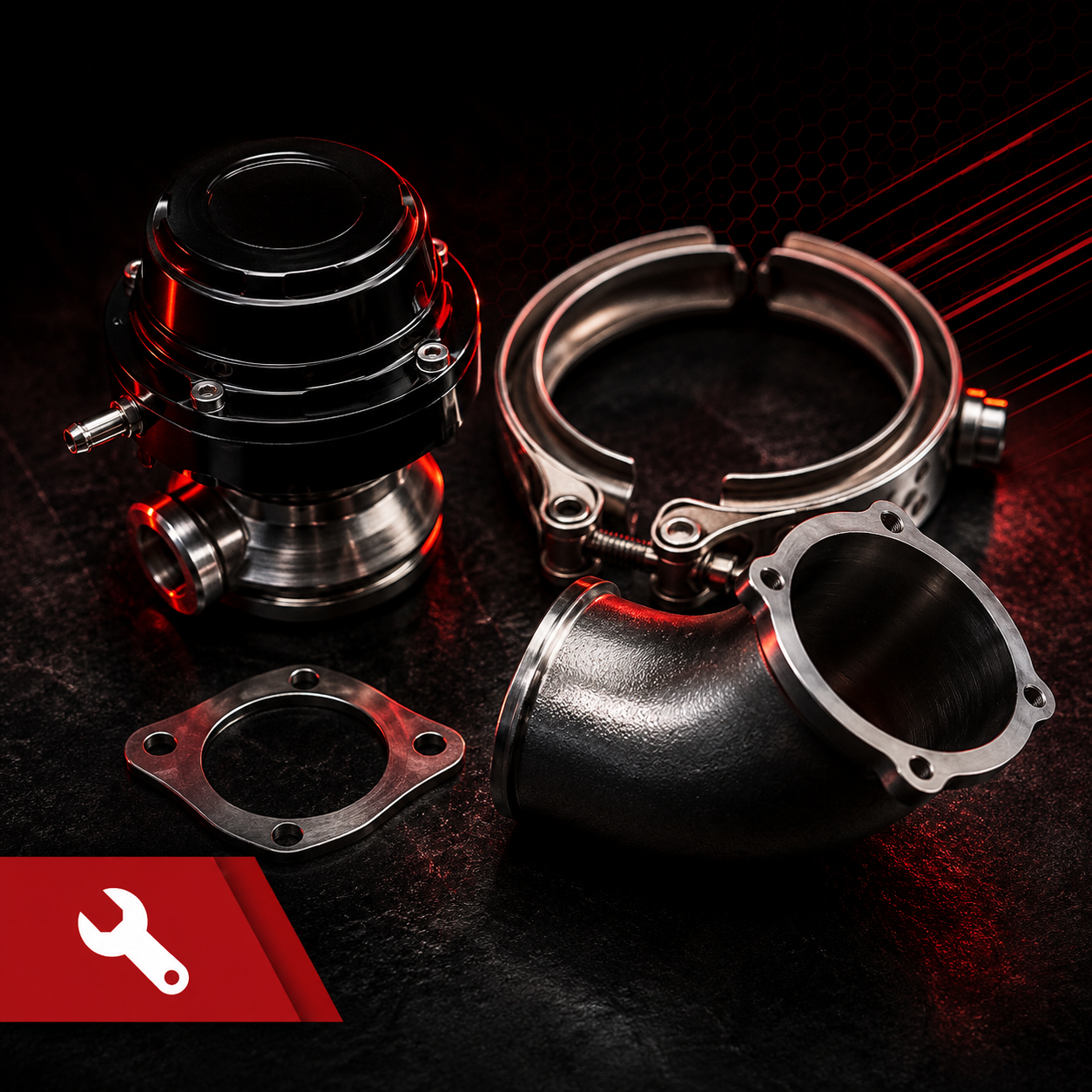 Car exhaust components on a dark background with a red light effect