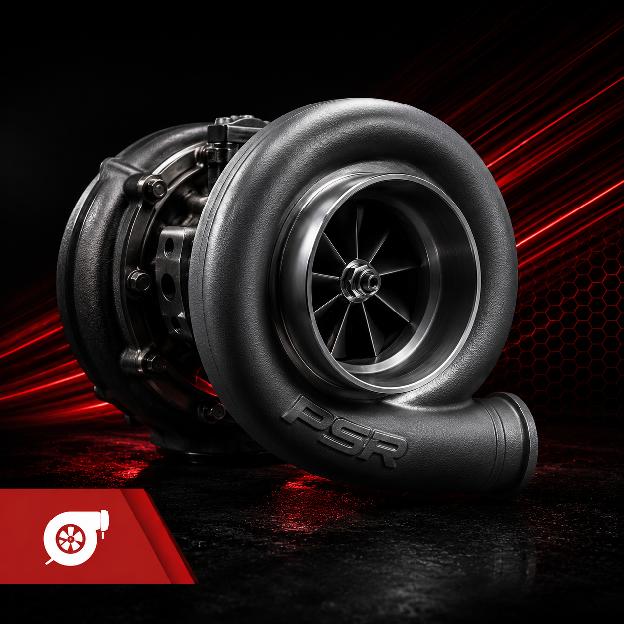 Turbocharger on a dark background with red accents