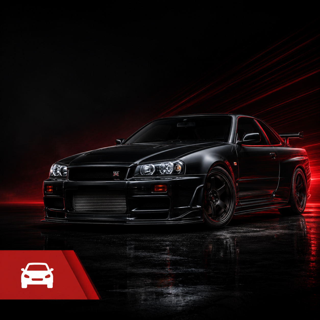 Black sports car on a dark background with red accents