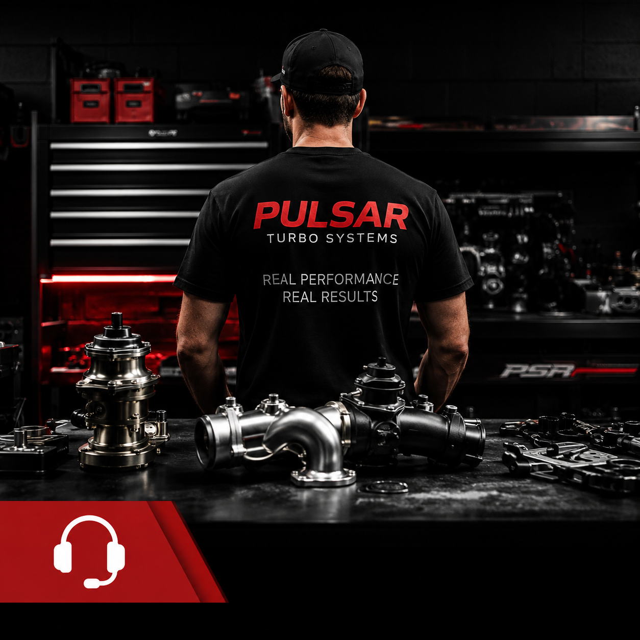 Person wearing a Pulsar Turbo Systems shirt in a workshop with turbo components on a table.