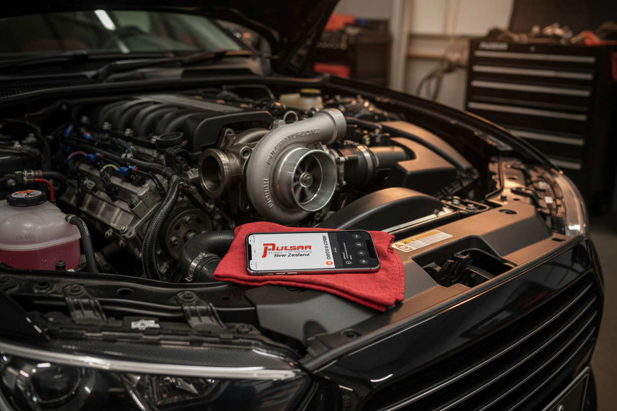 Phone on Red Rag at Front of Engine Bay
